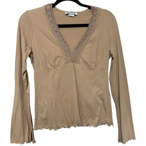 Self Esteem Tan Y2K Boho Long Flare Sleeve Blouse Lettuce Trim Crochet V-Neck
